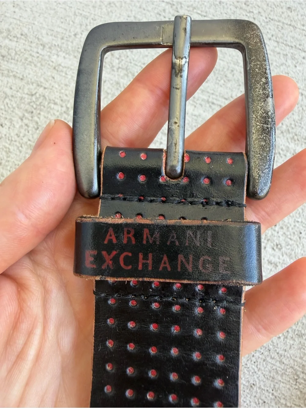 Vintage Armani Exchange Black Leather Belt Size 34 MadeCanada Red Detail 42.5”